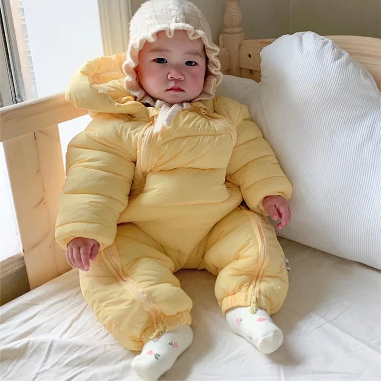 Baby jumpsuit winter new plush and thick hooded down climbing suit for babies to go out and hug clothes, newborn cotton jacket