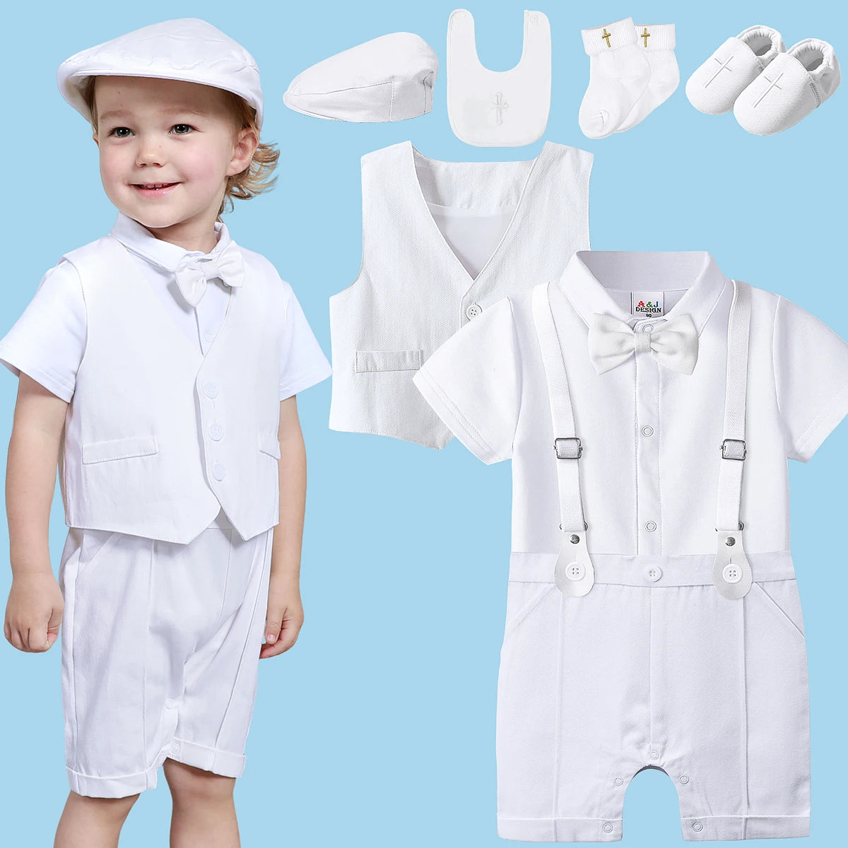Baby Boys Baptism Outfit Infant Wedding Gentleman Set Christening Formal Birthday Party Suit Suspender Bow Tie Romper