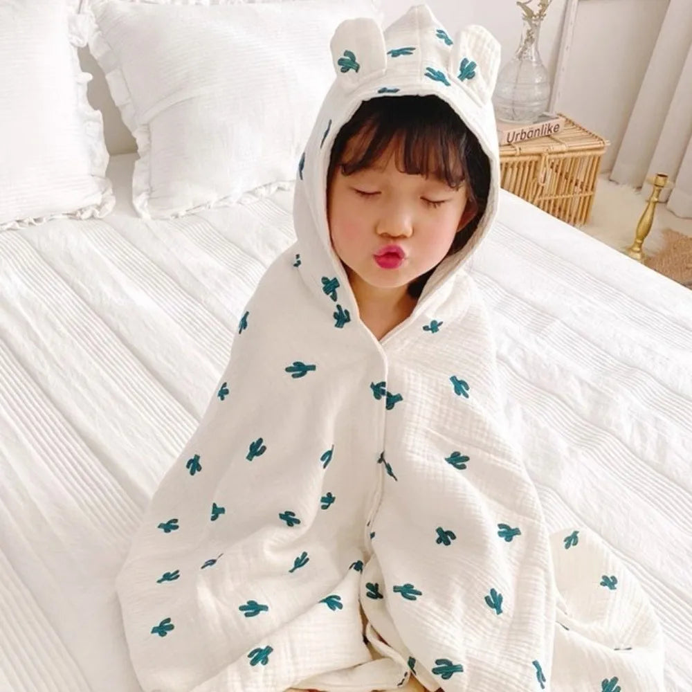Warm Cartoon Printed Baby Gauze Bath Towel Four Layer Soft Cartoon Cloak Towel Comfortable Absorbent Hooded Bathrobe Children