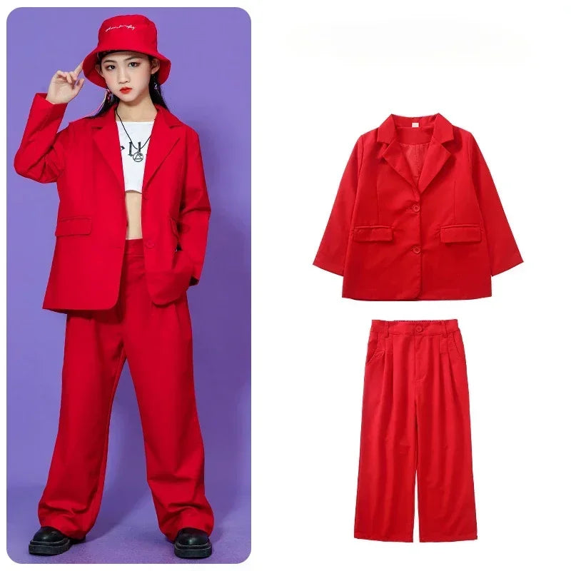 Kids Hip Hop Dance Costume Boys Girls Blazer Pants Set Streetwear Outfit for Stage Performance Competition Jazz Dance Photoshoot
