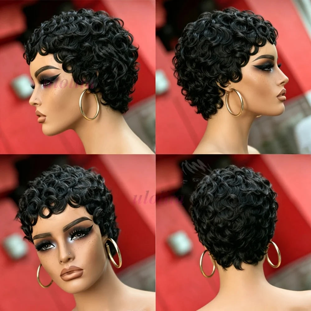 Short Deep Wave Pixie Cut Human Hair Wig Brazilian Remy Wig 180 Density Easy Daily Wear for Black Women