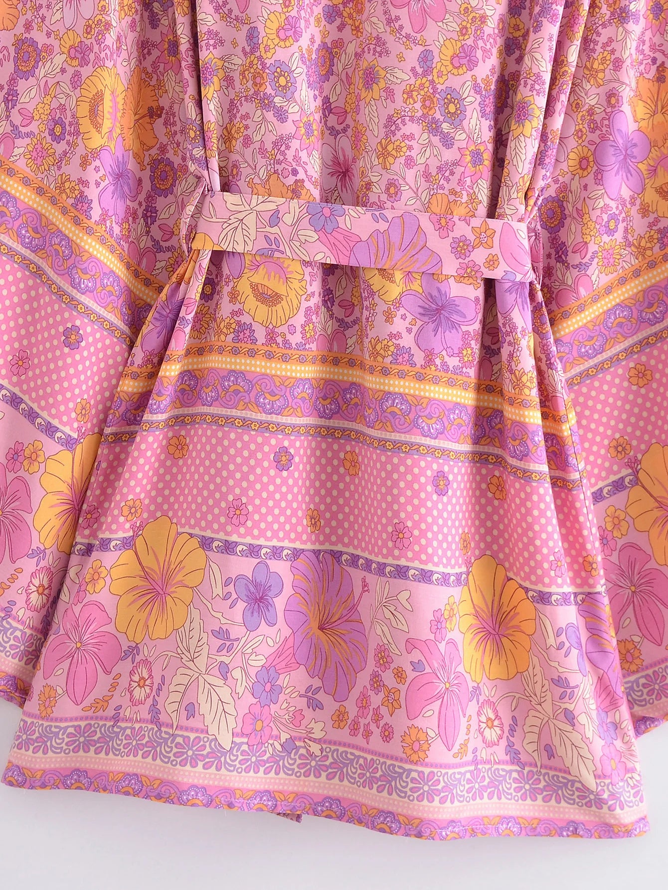 BOHO Women Blue With Pink Flower Print Kimono Shirt Holiday Tide Bow Sashes Mid Long Cardigan Summer Blouse Beach Cape