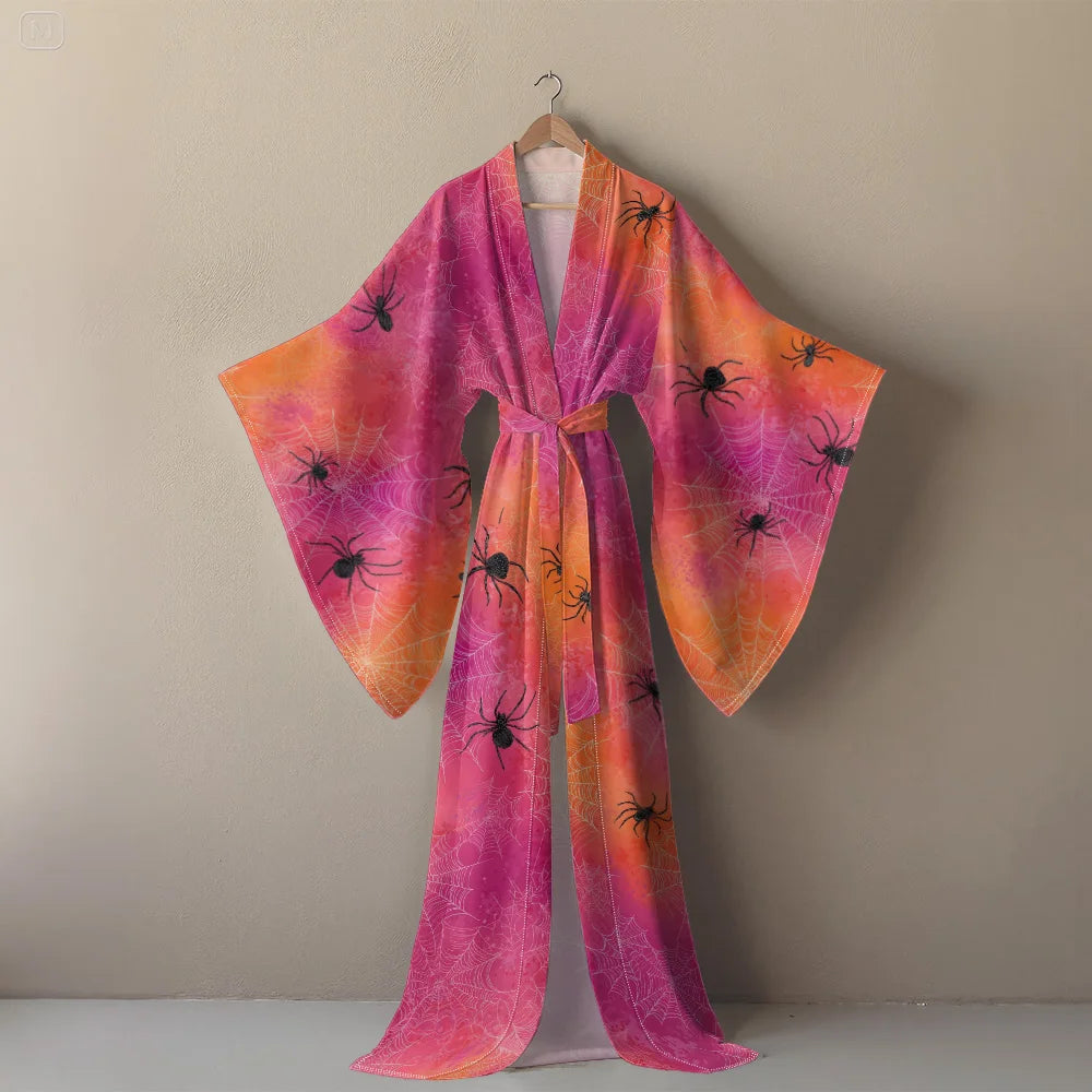 Halloween Sexy V-Neck Robe with Ghost Print High Slit & Bat Sleeves Kimono - Women's Party Costume Funny Cool Cosplay Wear