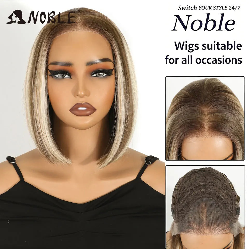 Noble Short Bob Wig Synthetic Lace Front Wig For Women 10Inch 13x3 Pre Plucked Free Part Lace Wig Ombre Brown Blonde Cosplay Wig