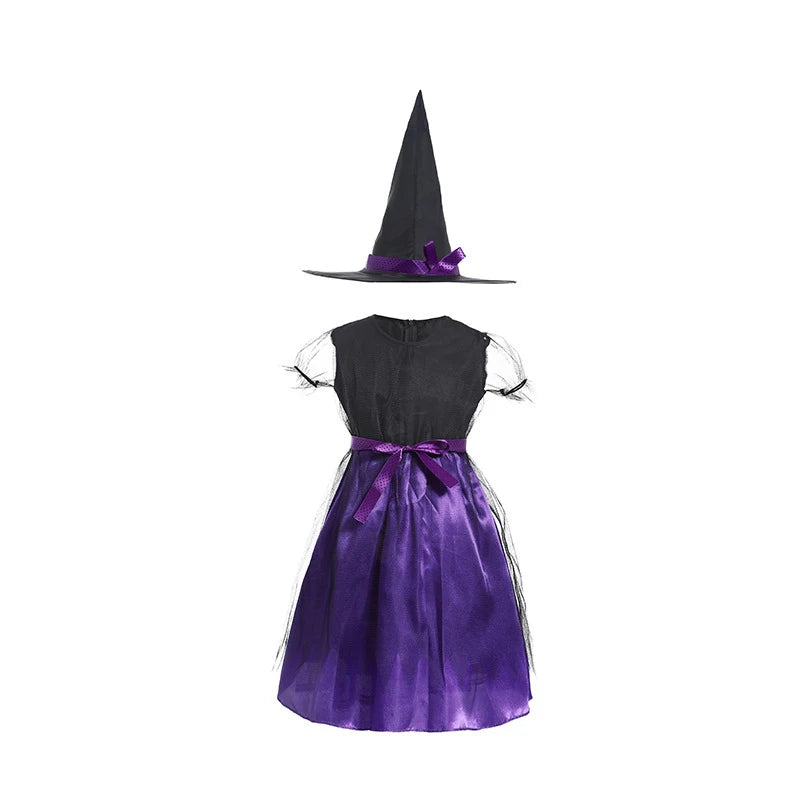 5 Styles Halloween Costume for Kids Girls Purple Bat Dress Halloween Fantasy Vampire Costume with Hat Broom Pumpkin Belt Set