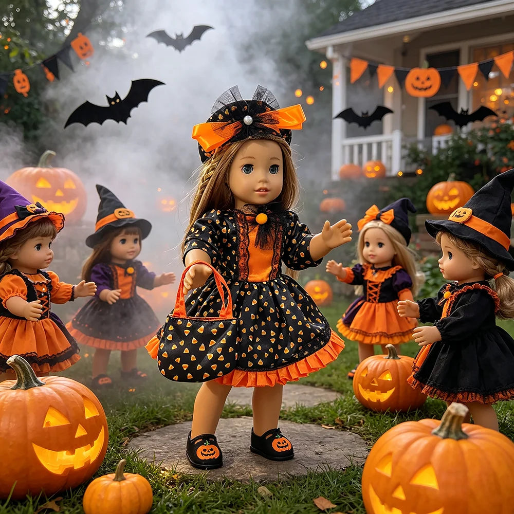 Halloween Doll Costume Outfit Suitable for 18 Inch Dolls. Doll Holiday Costume Set with Three Pieces and Doll Accessories