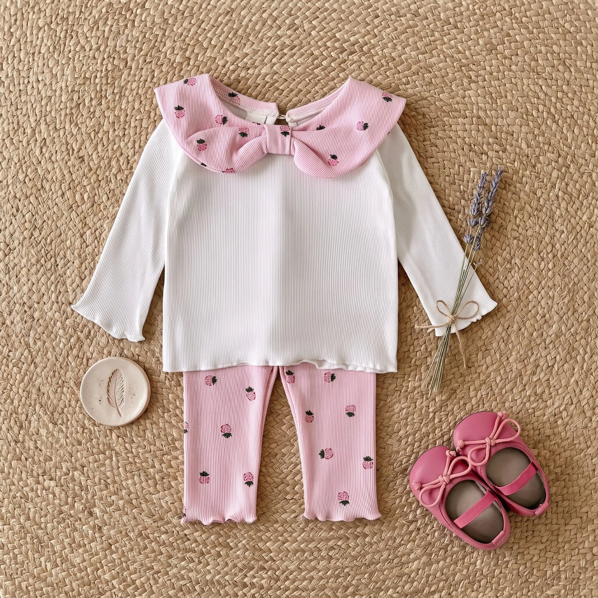 Baby Girls Strawberry Print Bow Collar Set, Infant Ribbed Long Sleeve Top & Strawberry Ruffle Leggings 2Pcs Outfit