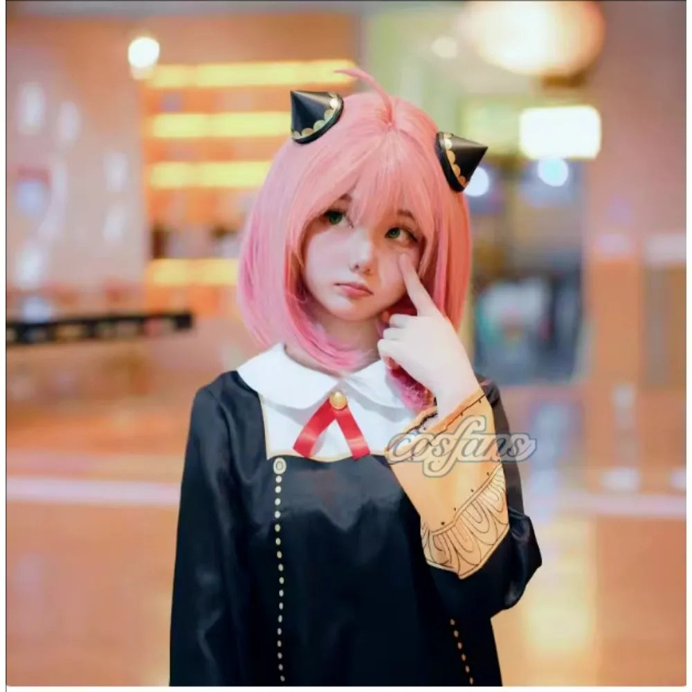 Halloween X Familie Anya Cosplay Costume Kids Adults Black Dress Kawaii Girls Women Dress Pink Wig Party Role Play Outfits