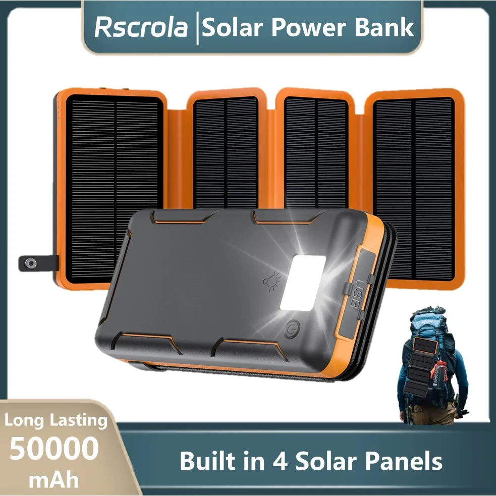 4 Solar Panels Power Bank, 50000mAh Portable Solar External Battery, Solar Power Bank Compatible with IOS Android USB-A USB-C