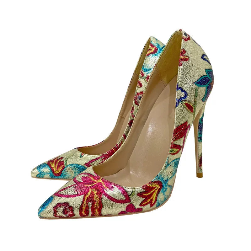 Fashion Print Women's Pumps 8CM 10CM 12CM Sexy Pointy Toe Luxury Female Shoes 2025 Spring Summer All-Match Woman Gold High Heels