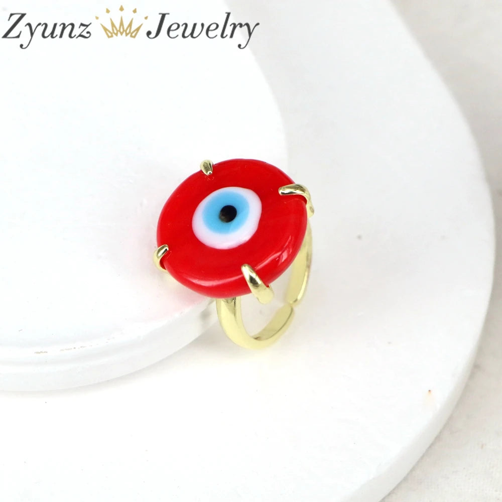 10PCS, Lucky Eye Glass Turkish Evil Eye Ring Adjustable Copper Open Finger Ring for Women Men Fashion Jewelry