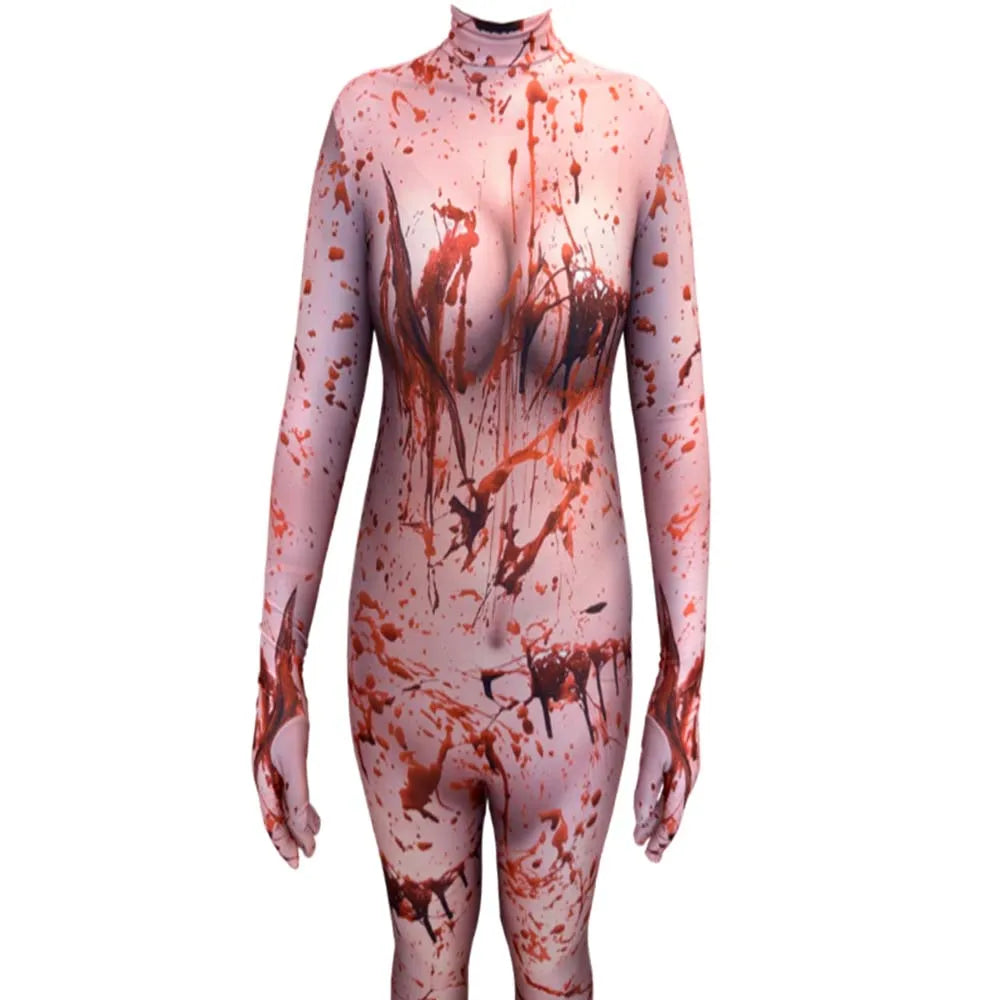 Halloween Adults Female Blood Splatter Costume Bloody Zombie Cosplay Zentai Horror Bodysuit Woman Romper Outfits Party Jumpsuits