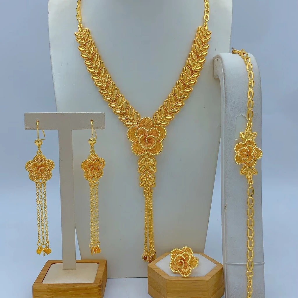 Ethiopian 24K Gold Color Jewelry Set For Women Bridal Nigerian Dubai Big Necklace Bracelet Earring Ring Sets Party Gift