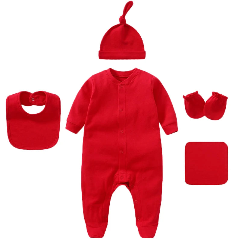 Unisex Baby Clothing Set with Jumpsuit Hat Bib Gloves Towel 5-Piece Solid Color Cotton Collection for Newborns to 6 Months