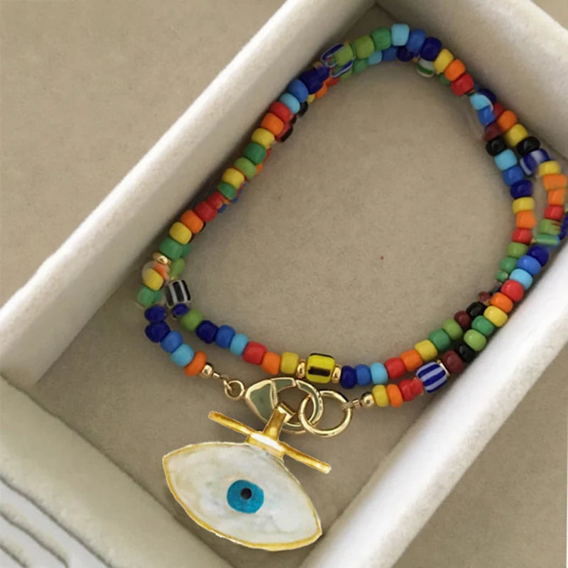 Fashion Rainbow Beads Choker Bohemian Handmade Imitation Pearls Necklace Women Charming Accessories 2022 New Trendy Jewelry