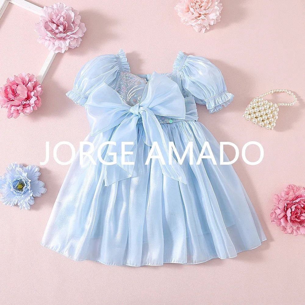 New Summer Sister Girl Matching Romper Dress Short Sling Sleeves Big Bow Bodysuit Sequined Princess Dresses Twins Clothing H1518