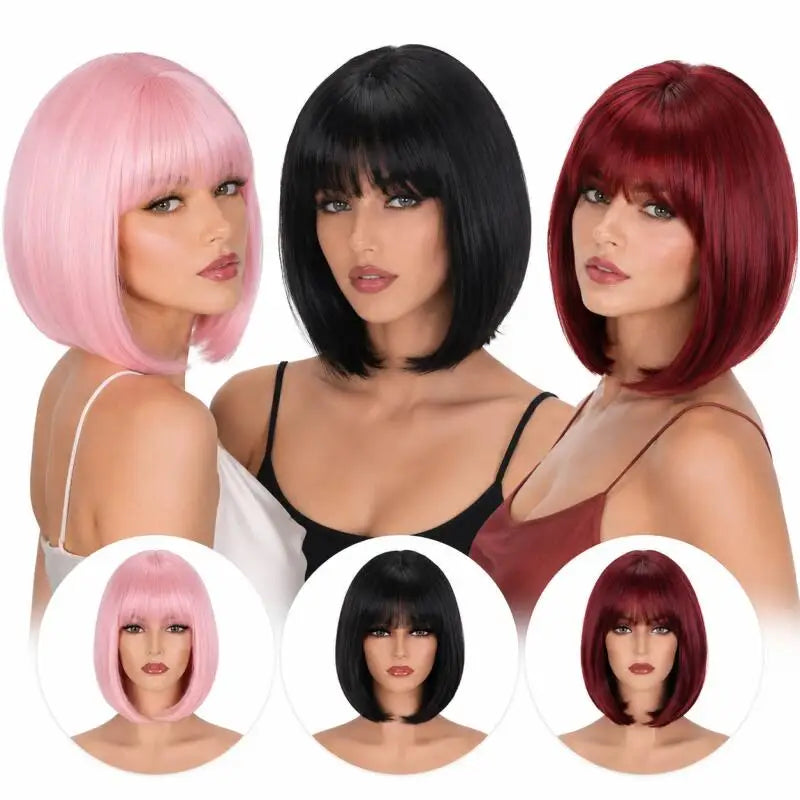 Short Bob Wig With Bangs Straight Synthetic Hair Wigs For Women Natural Look Daily Party Cosplay Heat Resistant Full 3 Color Wig