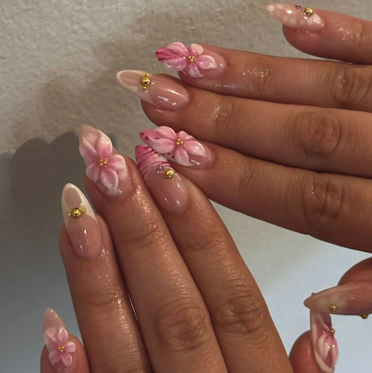 24pcs Long Almond False Nails with Flower Pearl Rhinestone Design Fake Nails Leopard Print Press on Nails Sets Finished Manicure