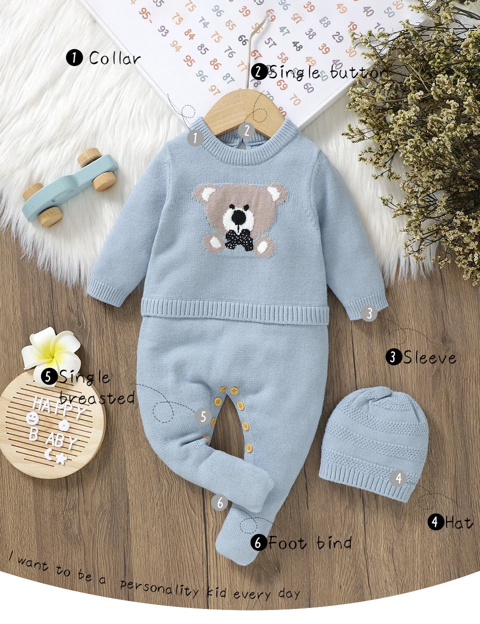 Sweet Autumn Winter Long Sleeve Baby Boys & Girls Rompers + Hat Outfits Soft Knitwear Newborn Infant Bodysuit Jumpsuit Playsuit
