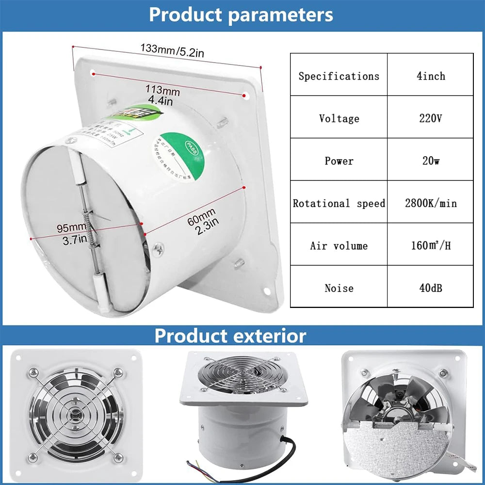 Silent Exhaust Fan Wall-Mounted 4-Inch 100mm Window-Type Bathroom Exhaust Fan Ventilation and Air Exchange Fan Duct Extractor
