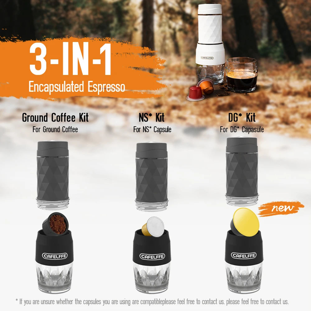 Cafelffe 3in1 Portable Coffee Machine Manual Espresso Maker For Capsule & Ground Milk Froth Hand Press Brewer hiking Travel Gif