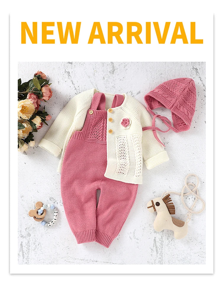 Baby Romper Set Knit Autumn Newborn Girl Boy Long Sleeve Coat Jumpsuit Outfit Hat 3PC Fashion Solid Infant Clothing Suit Sweater
