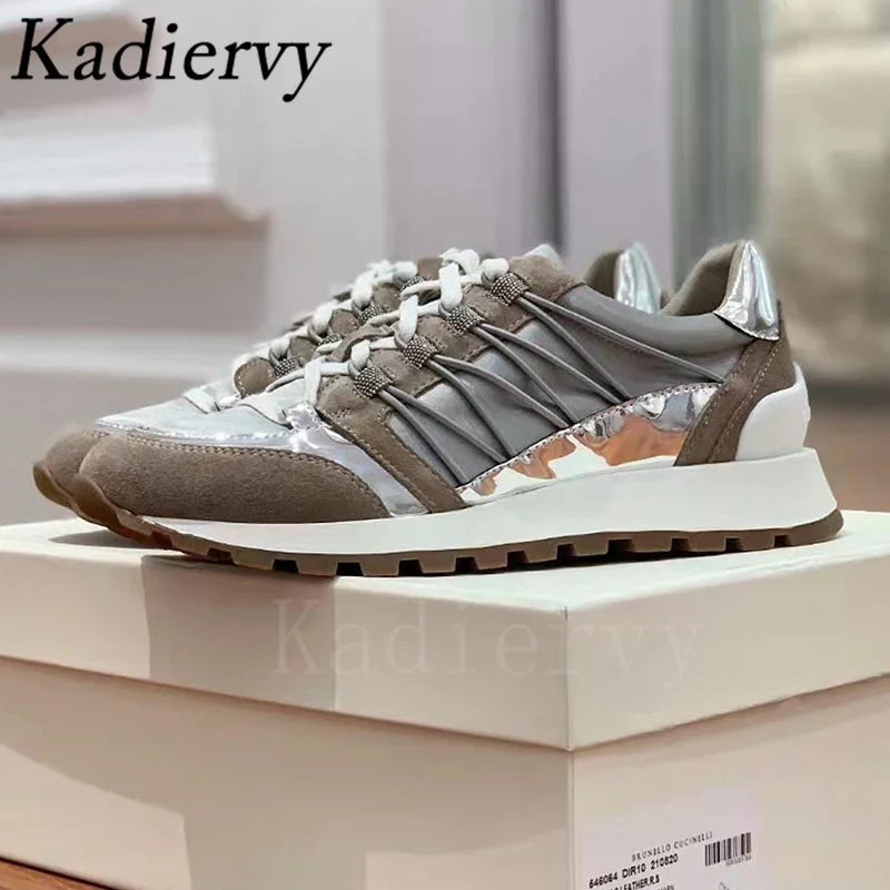 New Casual Shoes Women Suede Patchwork Round Toe Lace Up Genuine Leather Comfy Outdoor Walking Shoes Woman Sneakers Female