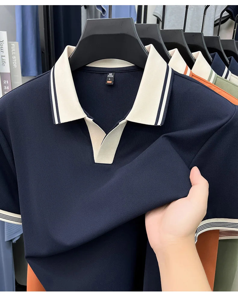 Light luxury summer new short sleeve polo shirt silky breathable high-end men's fashion personalized color blocked lapel T-shirt