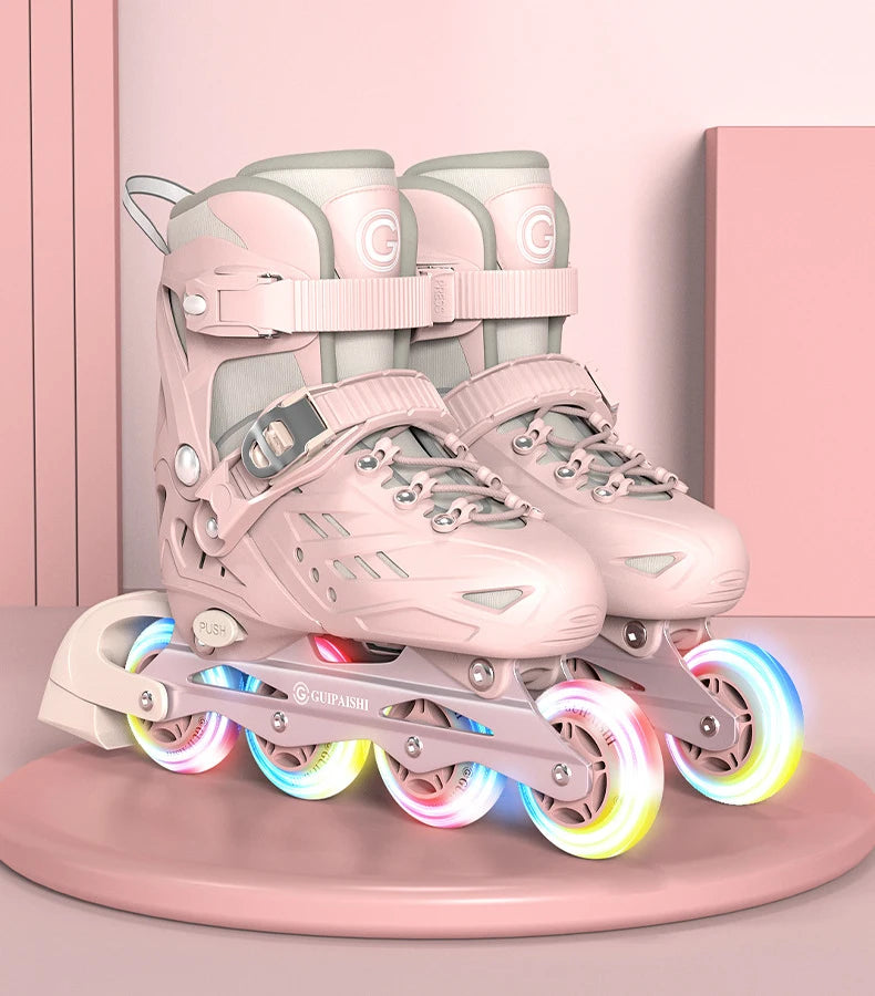 4 Wheels Flashing Inline Skates with Full Protective Gear Set Helmet Knee Pads Elbow Pads Carry Bag Adjustable Size for Boy Girl