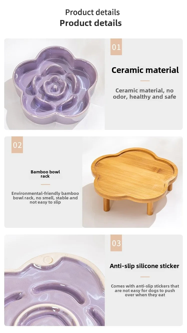 Ceramic Dog Slow Food Bowl Anti-choking Medium and Large Dog Food Basin Cat Bowl with Wooden Frame Pet Feeding Supplies With