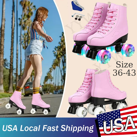 Pink Roller Skate Shoes PU Leather Roller Skates Skating Shoes Sliding Inline Quad Skates Sneakers 4 Wheels Flash Wheel Sneakers
