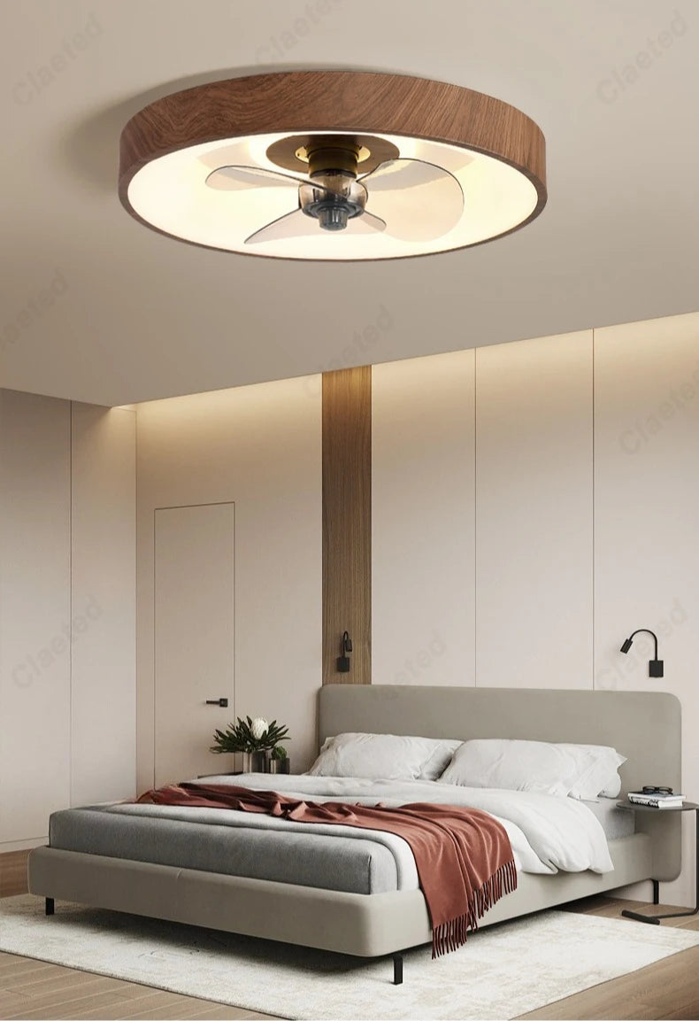 Modern Minimalist LED Living Room Dining Room Study Bedroom Fan Lamp Walnut Color