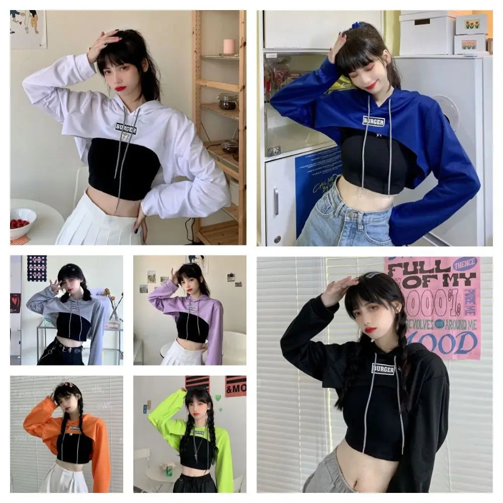 All Match Y2K Ultra Short Hoodie Loose Tees Shrug Pullover Streetwear Drawstring Women's T-shirt Summer