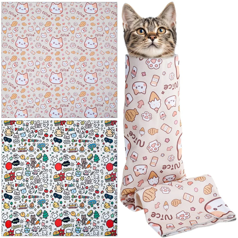 2Pcs Cat Restraint Wrap Nylon Self-Adherent Cat Grooming Wrap With Cartoon Print Anti Escape Anti Scratch Cat Nail Cutting Wrap
