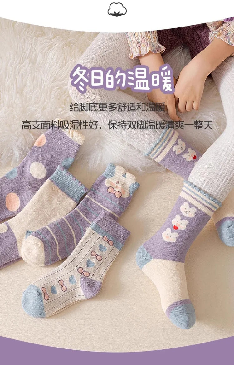 5 pairs of thick socks for girls in winter, medium to large-sized long tube looped socks with fleece added