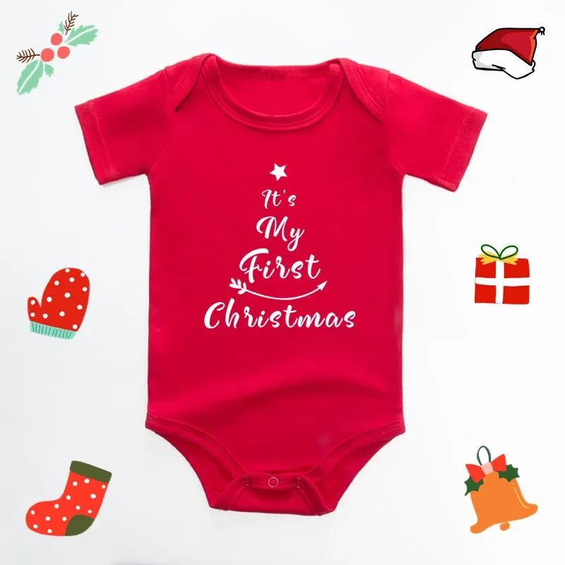 My First Christmas Baby Bodysuit Reindeer Antler Print Short Sleeve Newborn Romper Red Infant Boys Girls First Xmas Photo Outfit