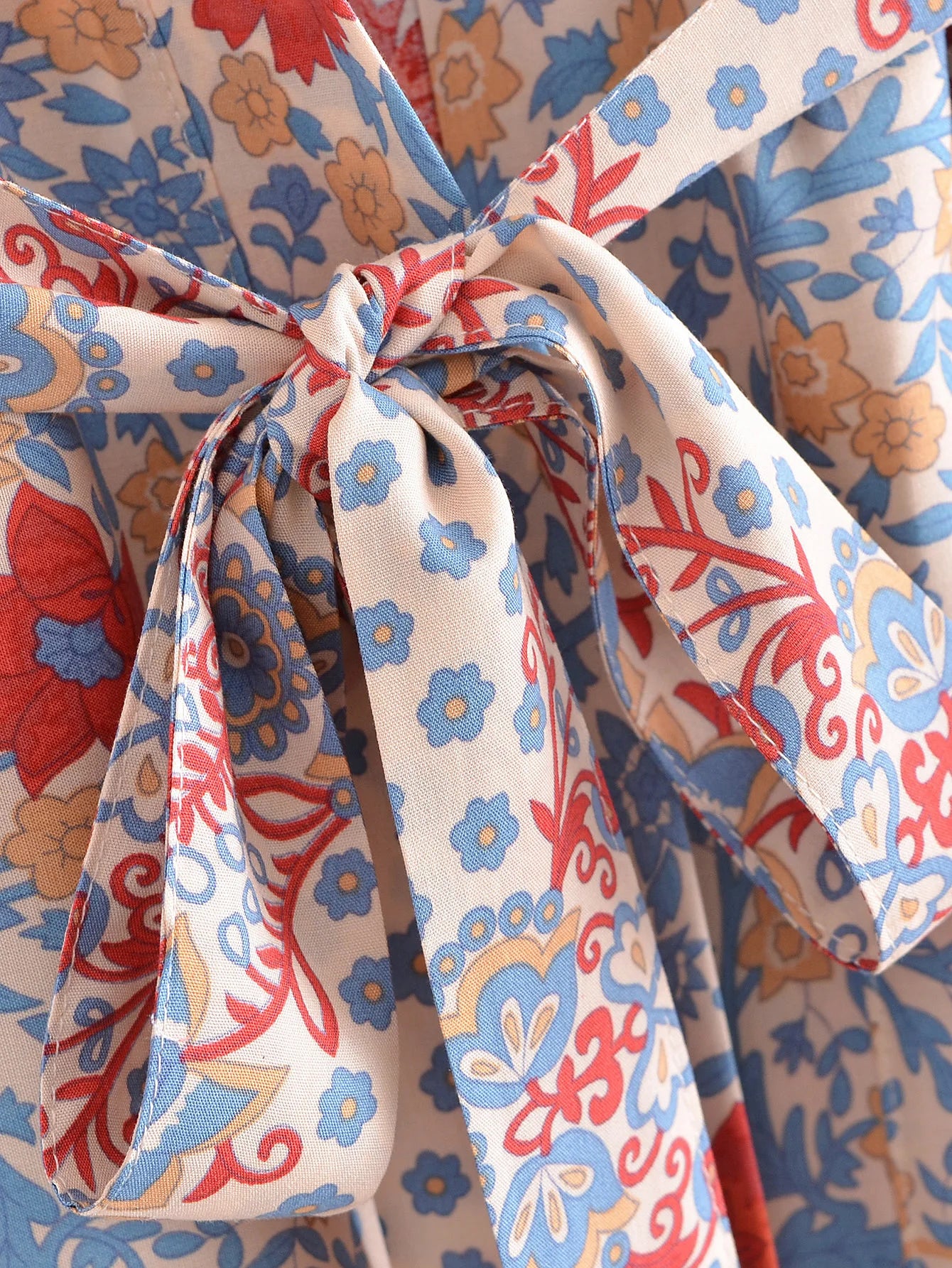 BOHO Women Blue With Pink Flower Print Kimono Shirt Holiday Tide Bow Sashes Mid Long Cardigan Summer Blouse Beach Cape