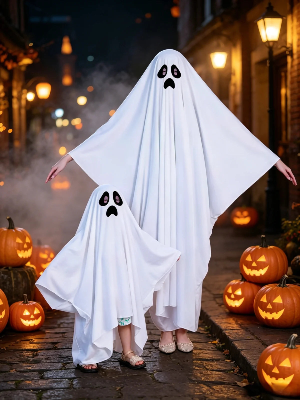 Halloween Kids Adults Funny Costume Cape Sad Face White Ghost Poncho for Boys Girls Family Matching Outfits