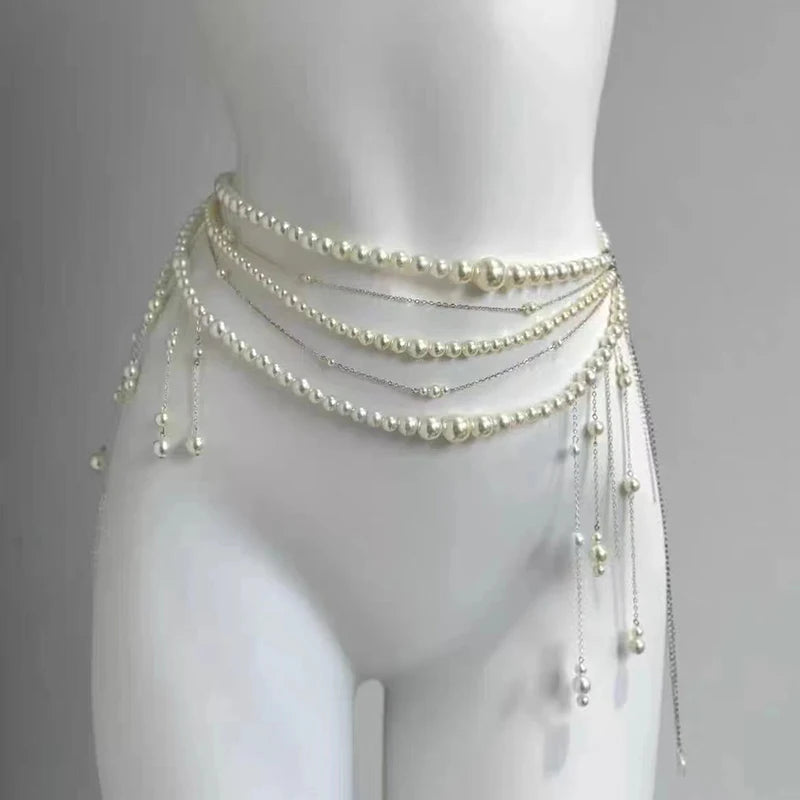 Sexy Geometric Pearl Waist Chain For Women Flower Tassel Double Layer Beads Chain Belt Streetwear Summer Fashion Body Jewelry