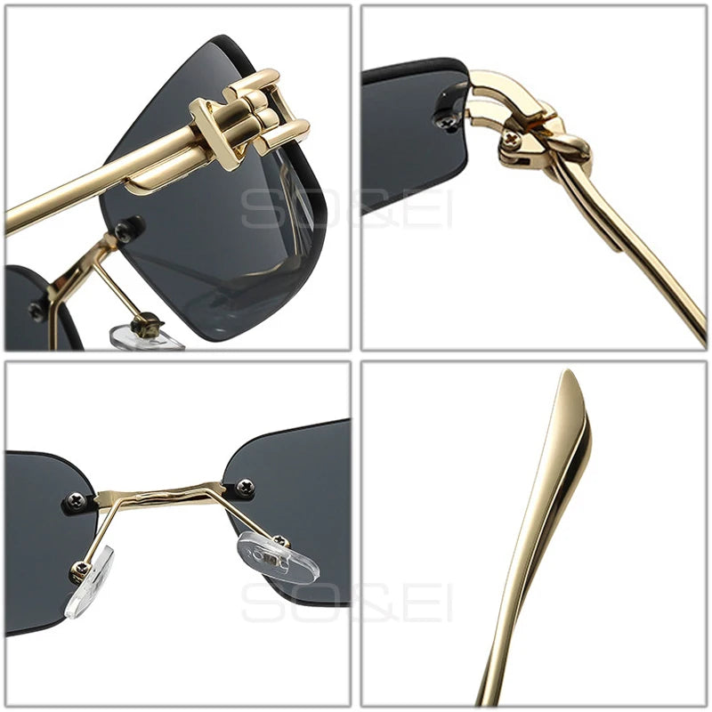 SO&EI Ins Popular Fashion Rectangle Rimless Sunglasses Women Retro Clear Ocean Lens Shades UV400 Men Trending Sun Glasses
