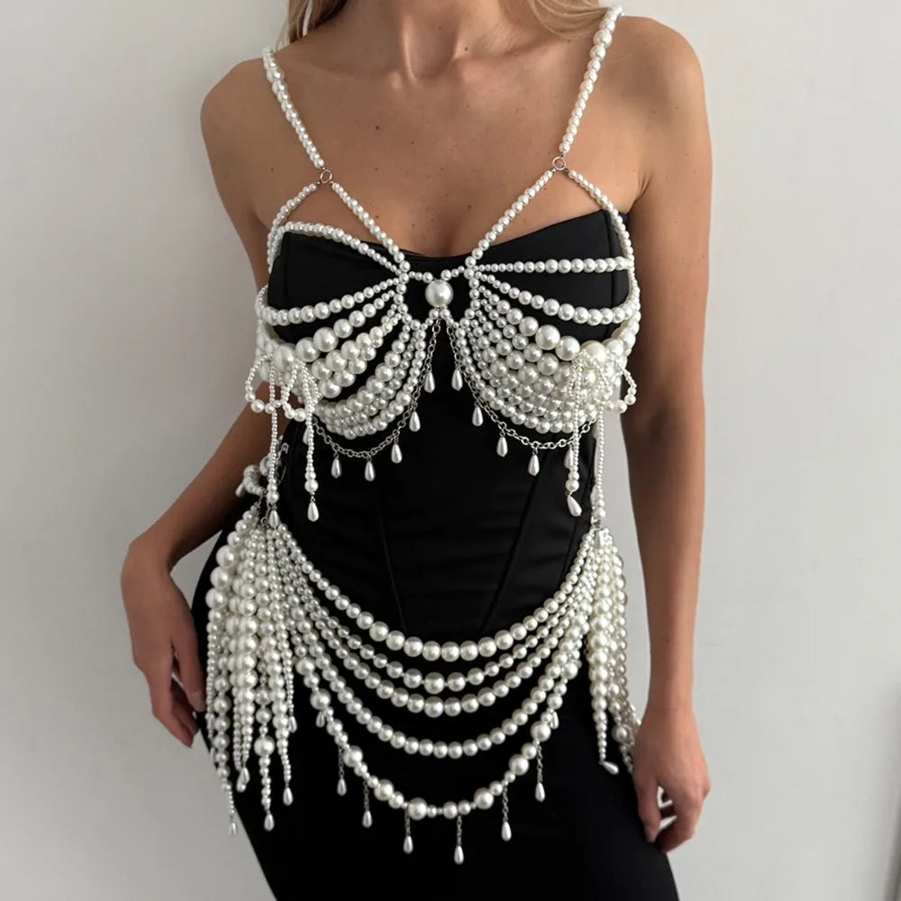 Sexy Exaggerated Imitation Pearl Beaded Tassels Bikini Chest Chain Waist Chain Women's Fashion Show Beaded Necklace Body Jewelry