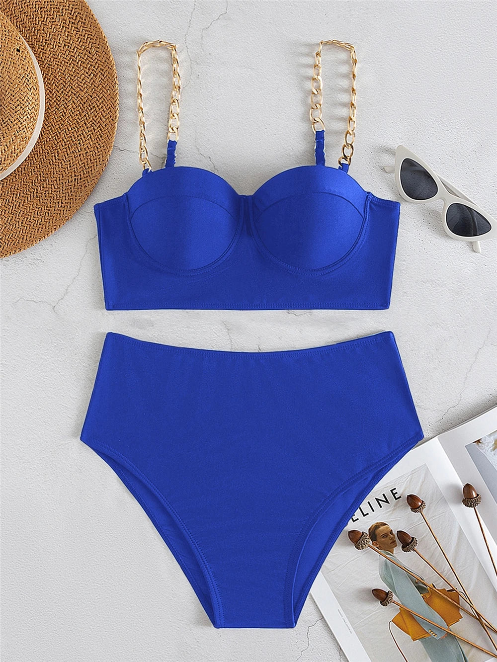 Chain Strap Bikinis 2026 Women Solid Push Up Swimsuit High Waist Swimwear Female Sexy Bathing Suit Swimming Summer Beachwear
