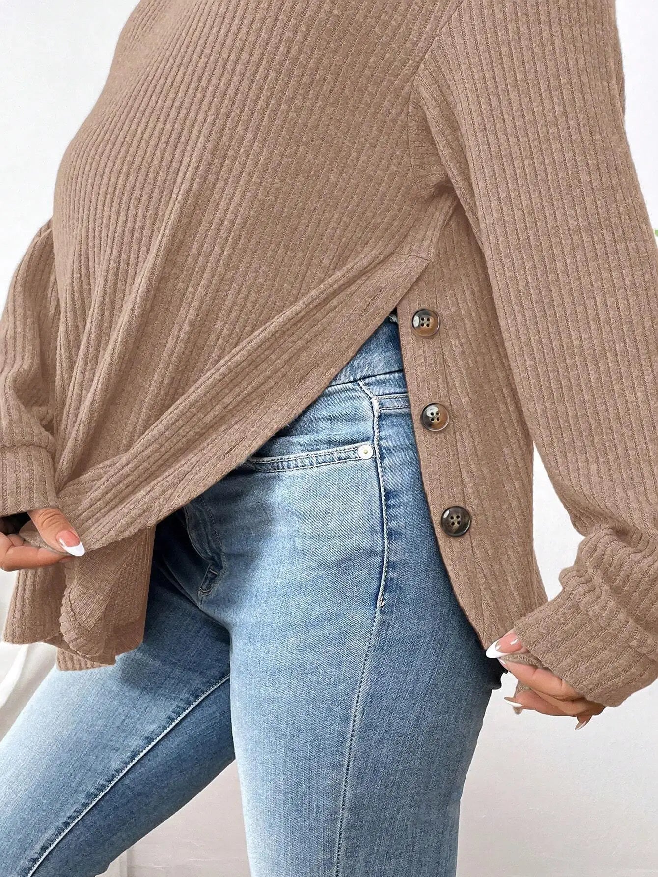 Pregnant Women's New Top For Autumn And Winter Casual Pullover Round Neck Long Sleeved Button Sweater