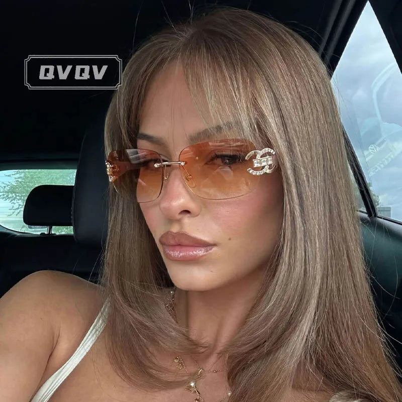 Sexy Popular Ins Rimless Square Sunglasses for Women Luxury Brand Design Diamond Punk Sun Glasses Cute Pink Shades Girls Eyewear