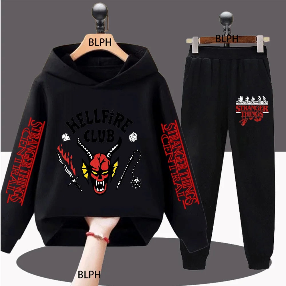 Hellfire Club Kids Hoodie Set with Devil Skull, Dice, Swords, and Spiked Chain Design for Trendy Little Ones