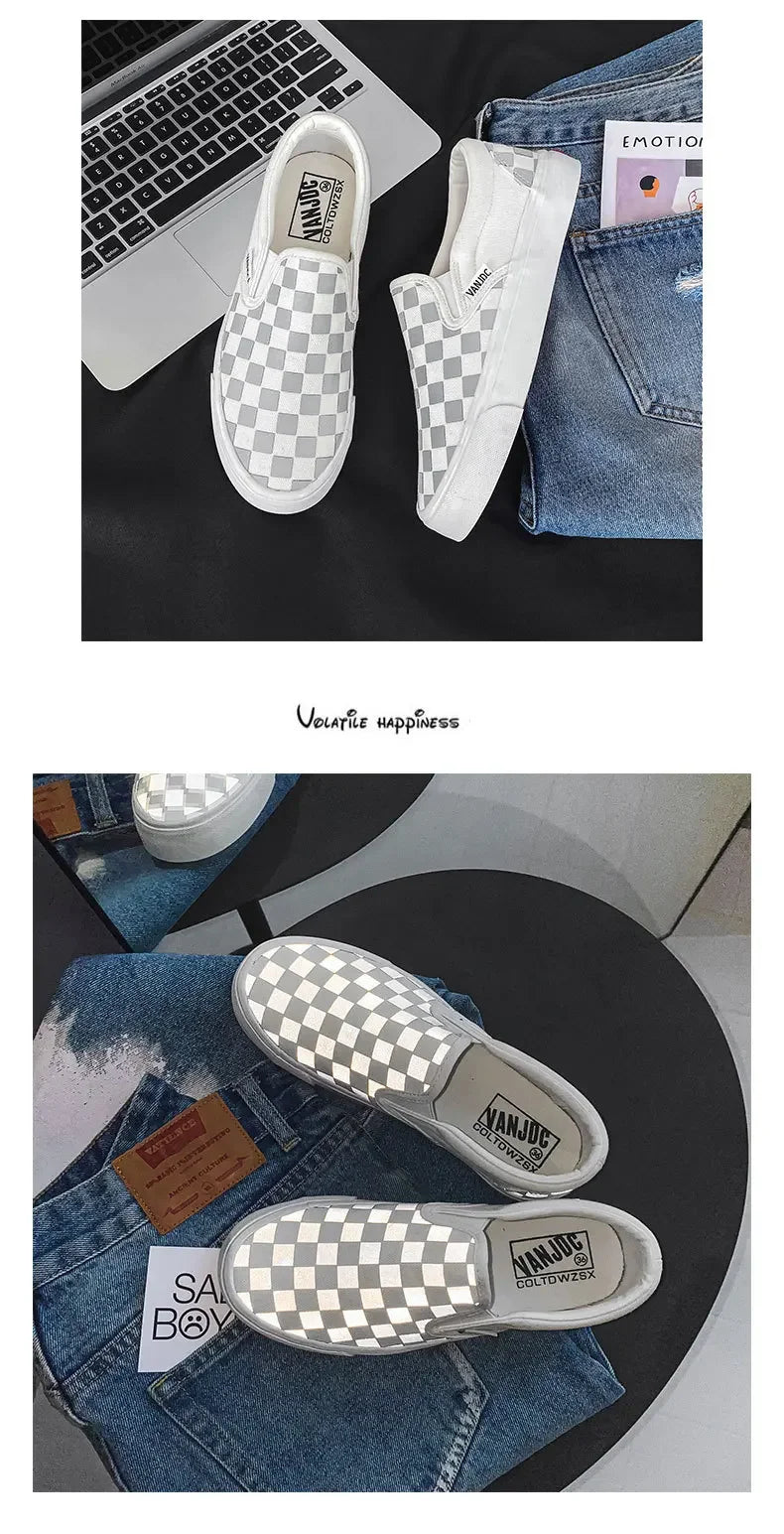 Black White Plaid Canva Women's Shoes Student Vintage Hong Kong Style Versatile Flat Shoes Korean Version Harajuku Casual