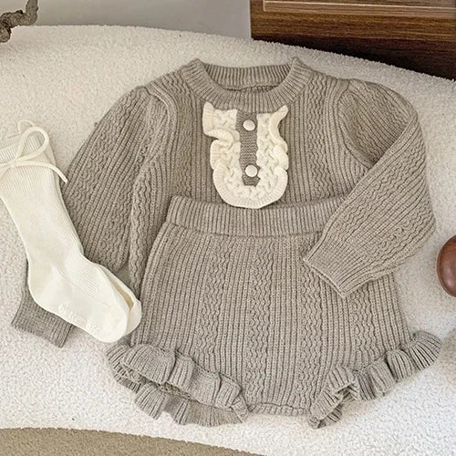 2024 New Autumn Winter Infant Baby Girls Clothing Set Long Sleeved Knitted Cardigan+Shorts Toddler Baby Knitted Clothes Suit