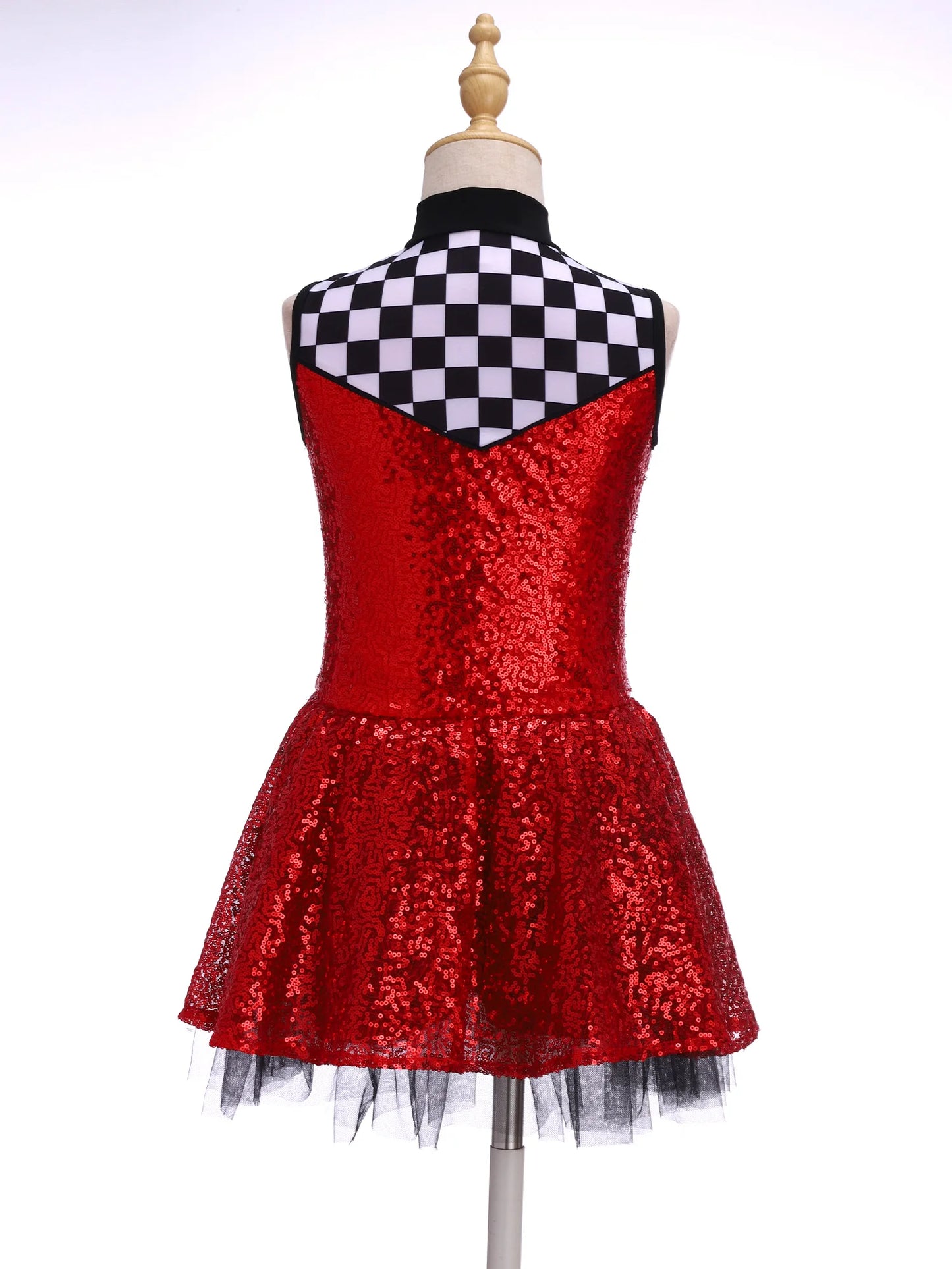 Kids Girls Checkerboard Racer Costume Halloween Car Driver Cosplay Leotard Dress with Tulle Skirt Themed Party Driving Roleplay