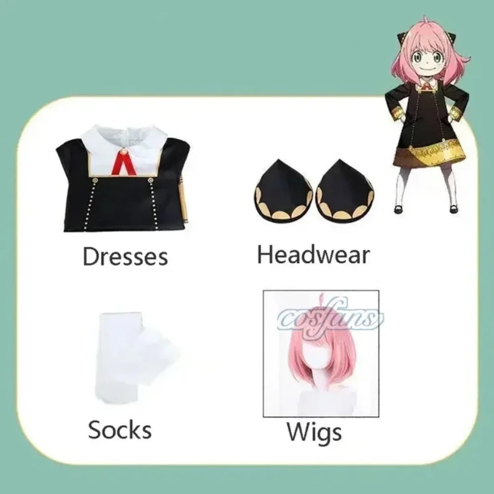 Halloween X Familie Anya Cosplay Costume Kids Adults Black Dress Kawaii Girls Women Dress Pink Wig Party Role Play Outfits