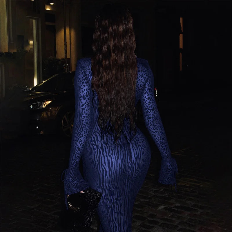 Mozision Deep V Neck Long Sleeve Sexy Maxi Dress Women Gown Elegant Leopard Print Mesh See Through Club Party Long Dresses